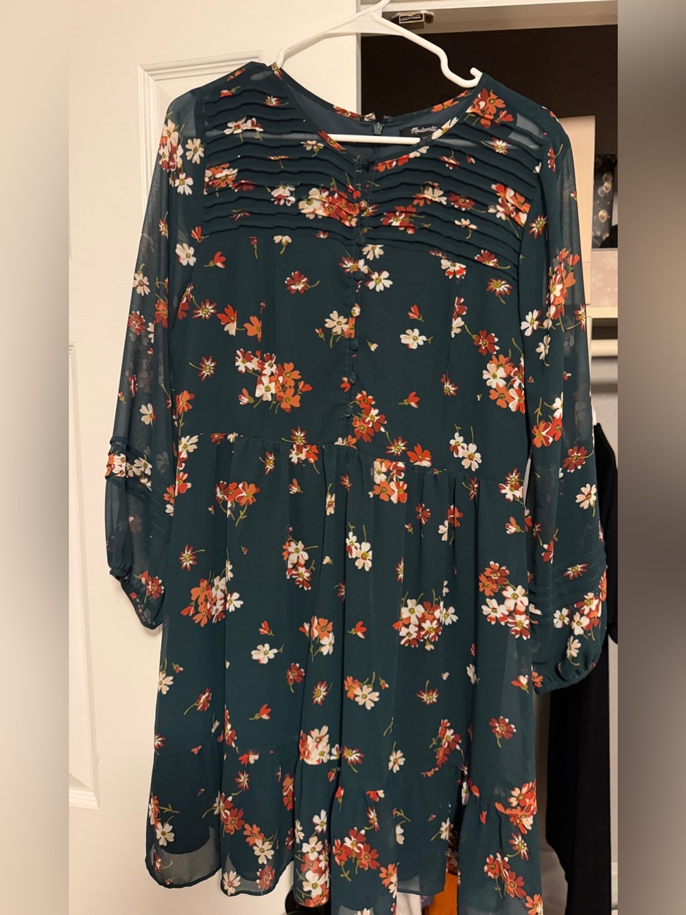 Madewell Teal Floral Long Sleeve Tiered Dress